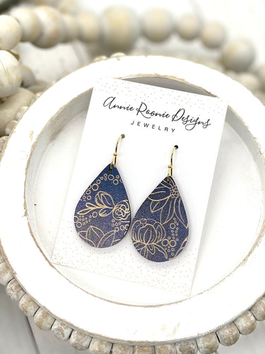Navy & Gold Floral Print Wooden Teardrop earrings