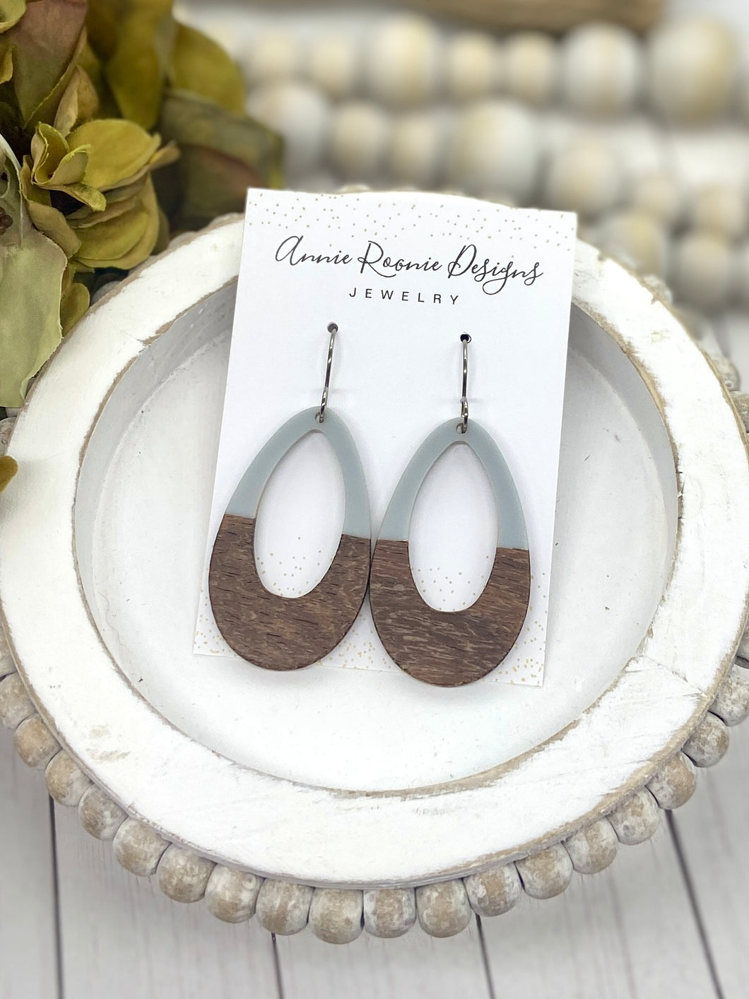 Gray Acrylic & Wood Open Teardrop earrings