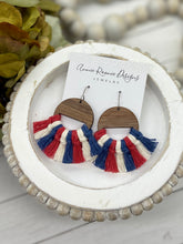 Load image into Gallery viewer, Red White &amp; Blue Macrame + Wood earrings