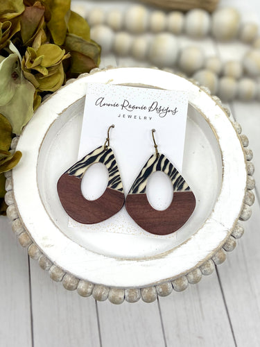 Zebra Striped & Wood Open Teardrop earrings