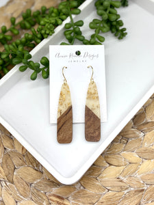 Gold Fleck Acrylic & Wood Long Teardrop earrings
