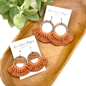 Peach Macrame + Wood earrings