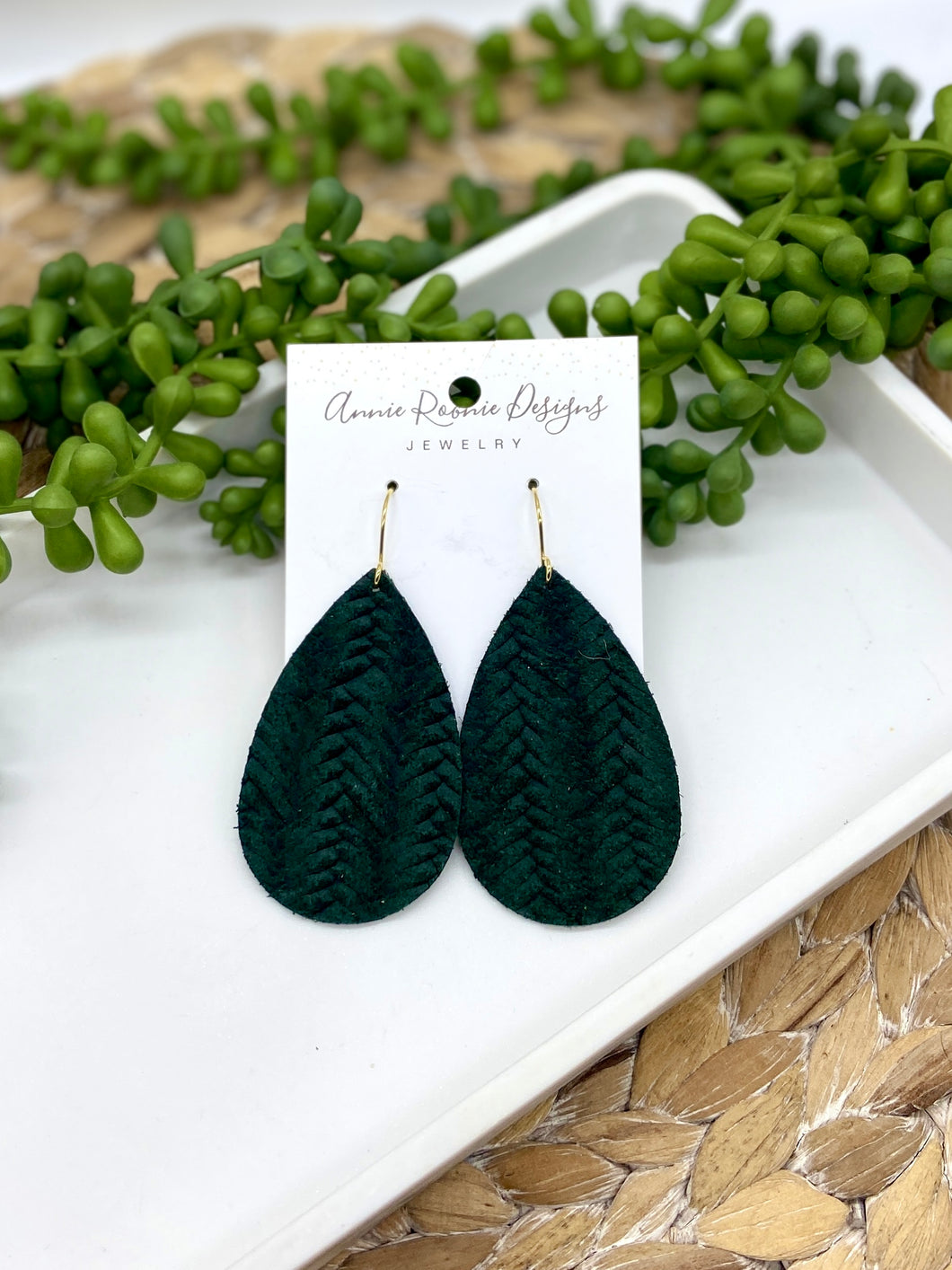 Dark Forest Green Braided Leather Teardrop earrings