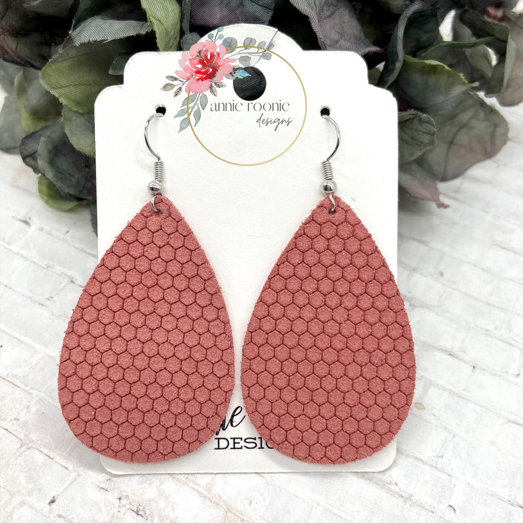 Salmon Pink Honeycomb Suede Teardrop earrings
