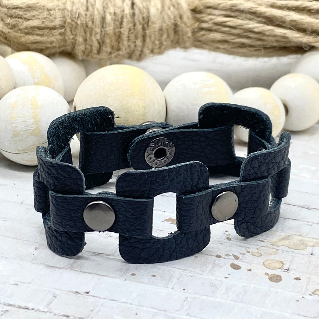 Black leather Square link bracelet