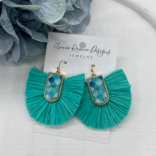 Turquoise Mosaic tile with raffia tassel earrings