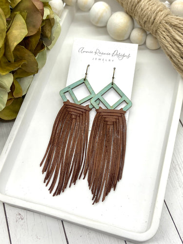 Patina Wood & Brown leather Woven Fringe Earrings