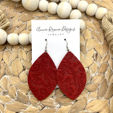 Load image into Gallery viewer, Red Floral Embossed Suede Marquis earrings
