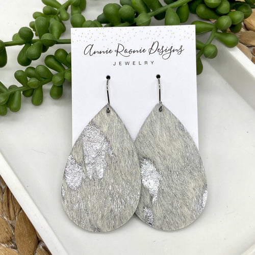 Acid Wash Silver Leather (hair on) Teardrop earrings