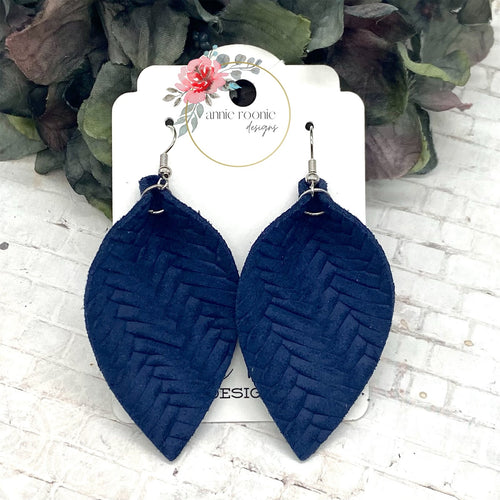 Navy Blue Braided Leather Pinched Petal earrings