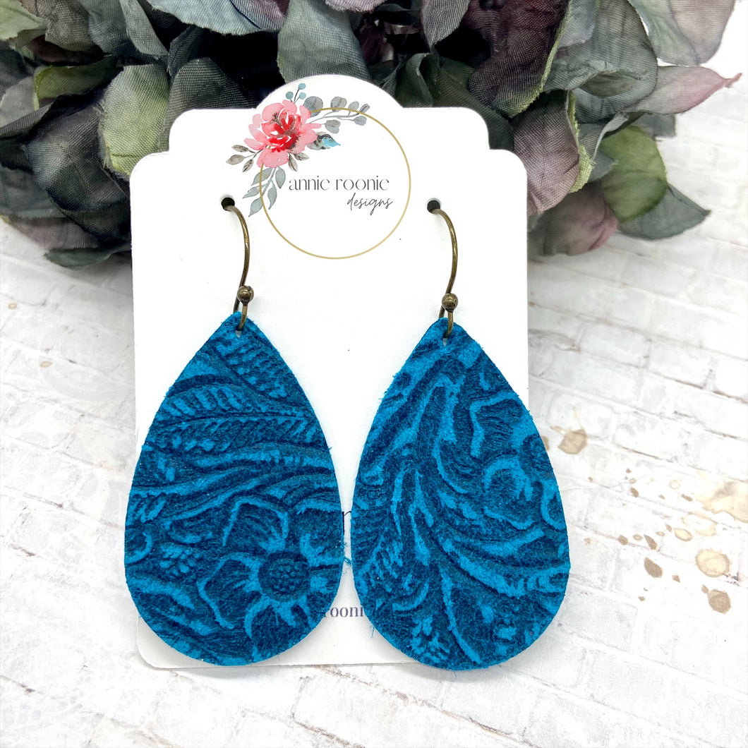 Turquoise Floral Embossed Leather Teardrop earrings