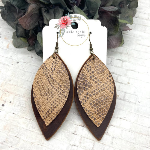 Snakeskin & Brown leather Double Pinched earrings