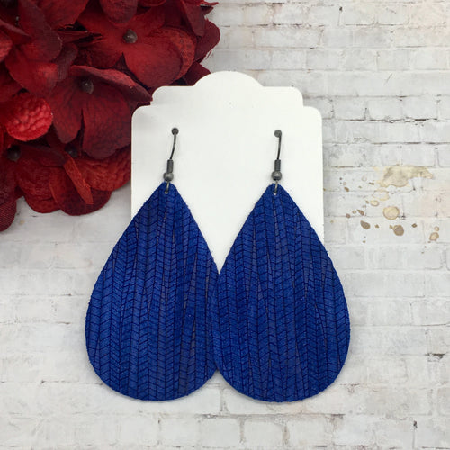 Royal Blue Striped Textured Suede leather Teardrop earrings