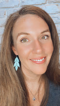 Load image into Gallery viewer, Falling Leaves Earrings in Turquoise Pebbled Leather