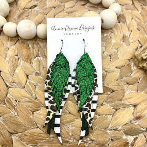 Triple Feather Earrings in Green Sparkle, Silver, & White/Black Striped leathers