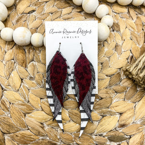 Triple Fringe Earrings in Maroon Leopard, Silver Sparkle, and White/Black Striped leathers