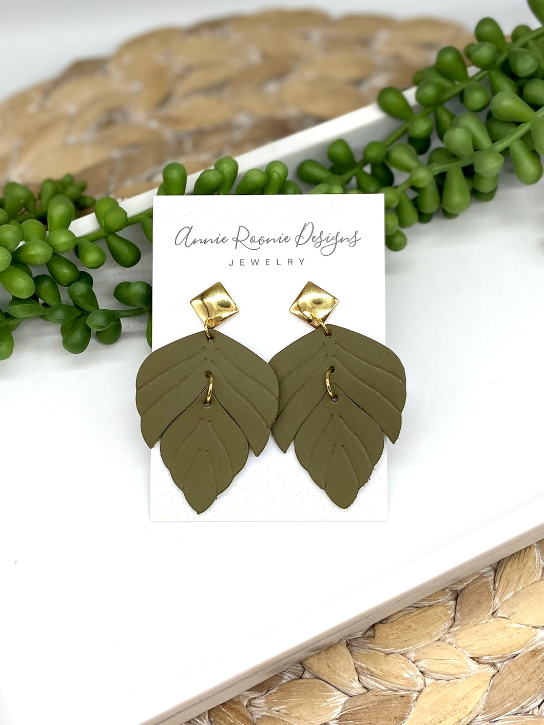 Olive Green Embossed Split leaf leather earrings
