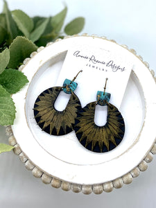 Teal, Black, & Gold Sunburst Circle Leather earrings