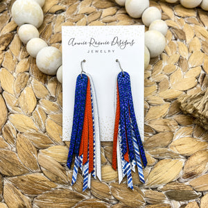 Skinny Fringed Earrings in Blue, Orange, & White leathers