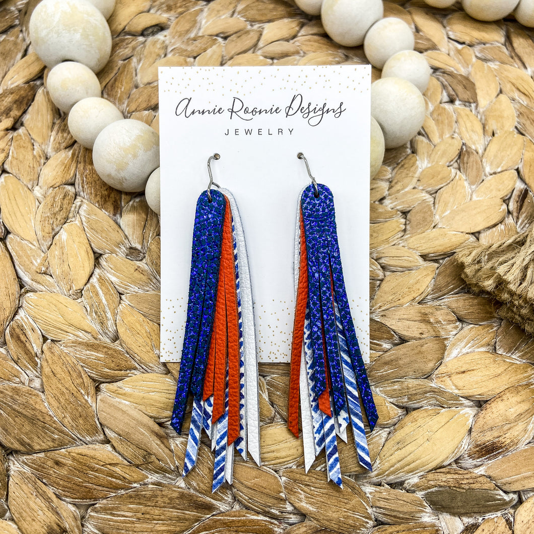 Skinny Fringed Earrings in Blue, Orange, & White leathers