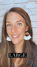 Load image into Gallery viewer, Natural Macrame + Wood Half Moon circle earrings