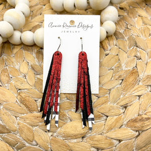 Red, White, & Black leather Skinny Fringed Earrings