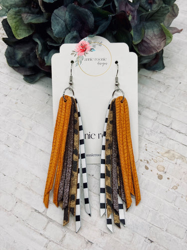 Skinny Fringed Earrings in Orange, Metallic Taupe, Leopard, & Black & White Striped leathers