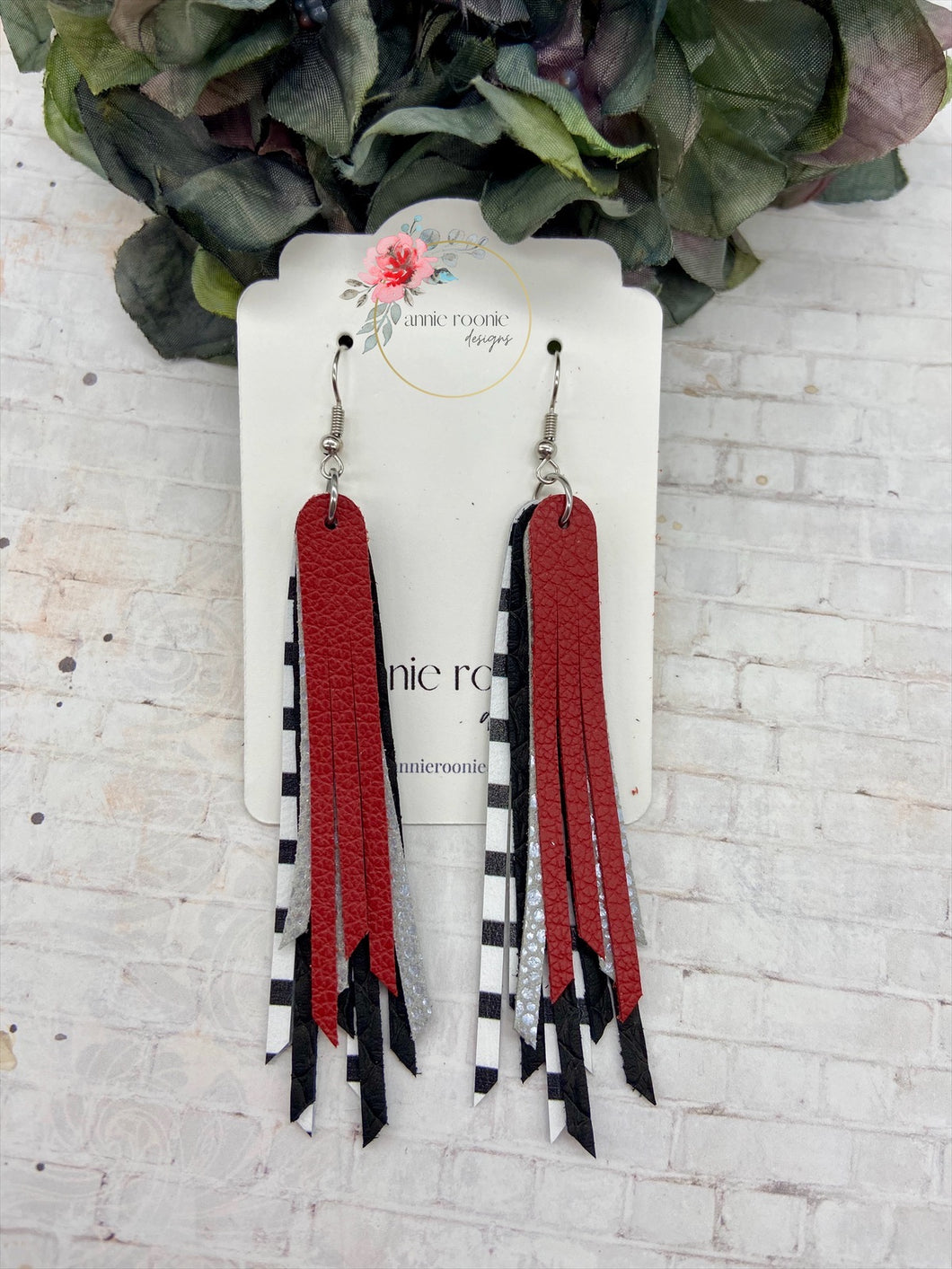 Skinny Fringed Earrings in Red, Black, & Silver leathers