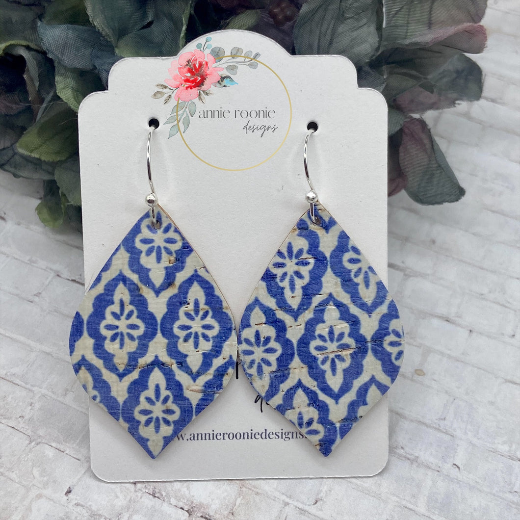Large Pointed Teardrops in Blue Tile Cork leather