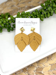 Mustard Yellow Embossed Split leaf leather earrings