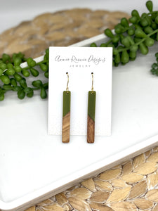 Olive Green Acrylic & Wood Skinny Rectangle earrings