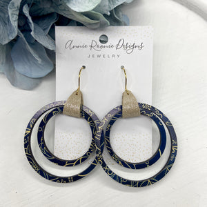 Navy & Gold Floral Wood hoop earrings