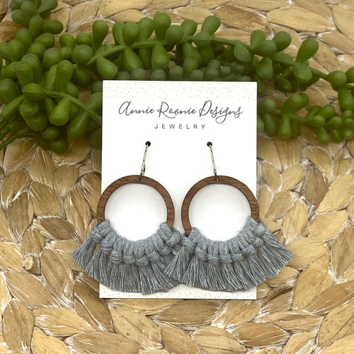 Light Denim Blue Macrame + Wood Open Circle earrings