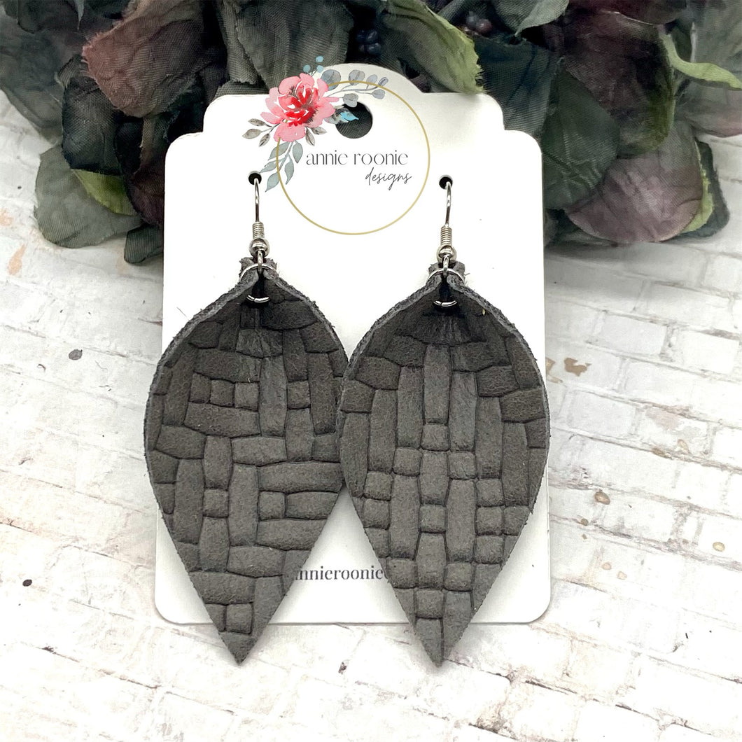 Gray Crosshatch Leather Pinched Petal earrings