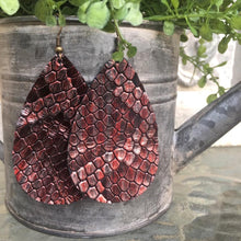 Load image into Gallery viewer, Burgundy Snakeskin Leather Teardrop earrings