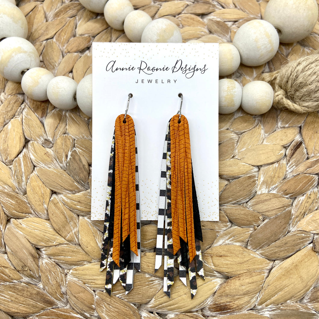 Skinny Fringed Earrings in Orange, Cheetah & Black/White leathers
