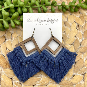Dark Denim Blue Macrame + Wood diamond earrings