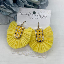 Load image into Gallery viewer, Yellow Mosaic tile with raffia tassel earrings