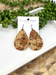 Floral on Natural Cork Leather Teardrop earrings