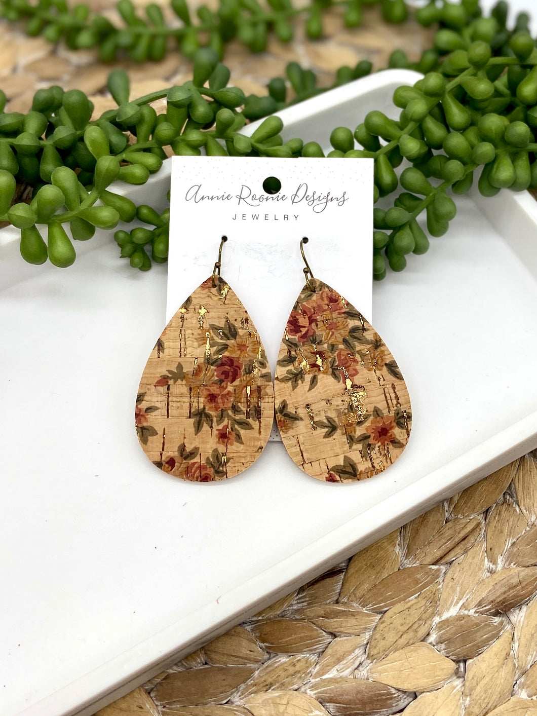 Floral on Natural Cork Leather Teardrop earrings
