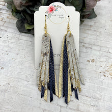 Load image into Gallery viewer, Skinny Fringed Earrings in Navy &amp; Gold leathers