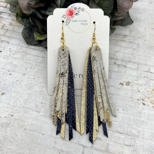 Skinny Fringed Earrings in Navy & Gold leathers