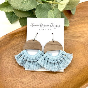 Misty Blue Macrame + Wood Half Moon circle earrings