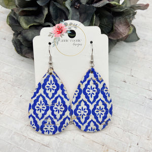 Blue & White Tile Cork Leather Teardrop earrings