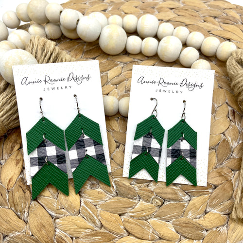 Green & White/Black Buffalo Plaid leather Stacked Chevron earrings