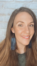 Load image into Gallery viewer, Navy Fringed leather Triangle earrings