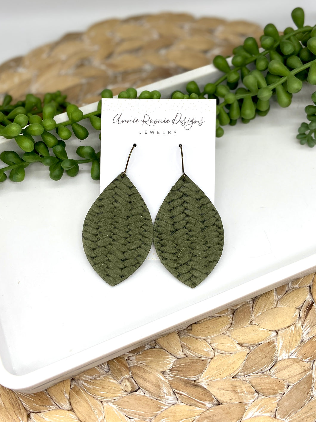 Olive Green Braided Suede Marquis earrings
