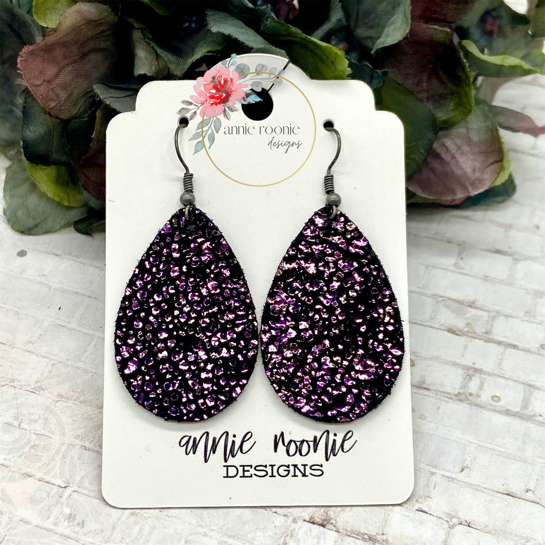 Purple Sparkle leather Teardrop earrings
