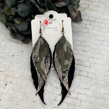 Load image into Gallery viewer, Triple Fringe Earrings in Camo, Gold, and Black leathers