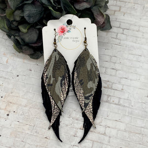 Triple Fringe Earrings in Camo, Gold, and Black leathers